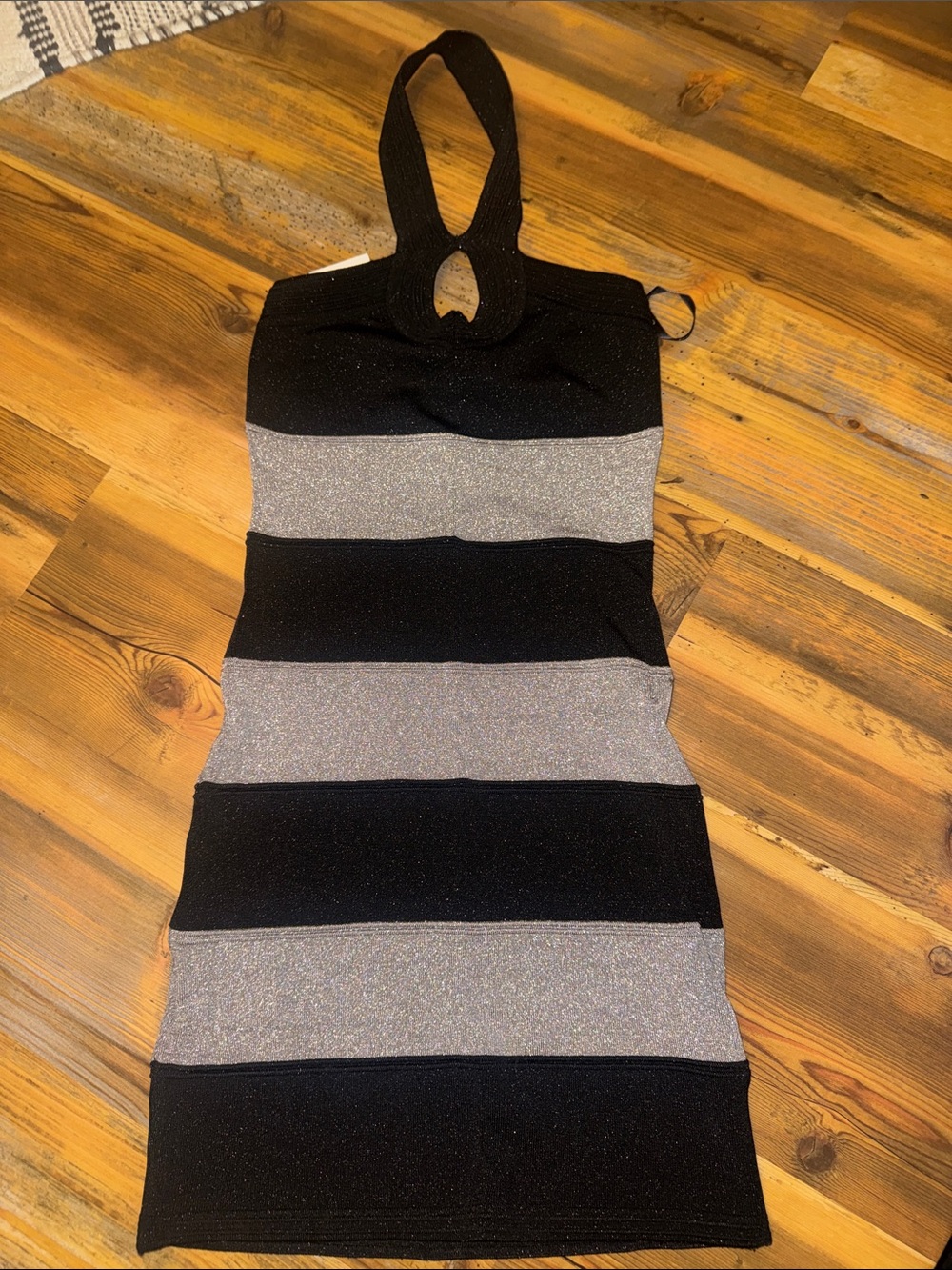 bebe Black and Silver Striped Halter Mini Dress